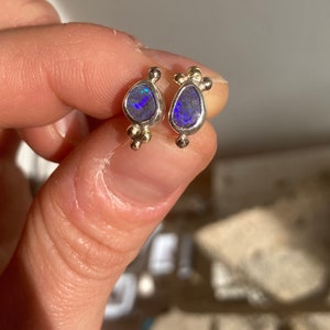 Violet boulder opal earring studs. Sterling silver, 14 k white gold and 14 k yellow gold details. image 6