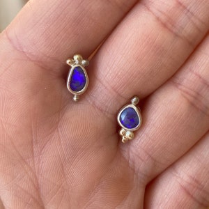 Violet boulder opal earring studs. Sterling silver, 14 k white gold and 14 k yellow gold details. image 10