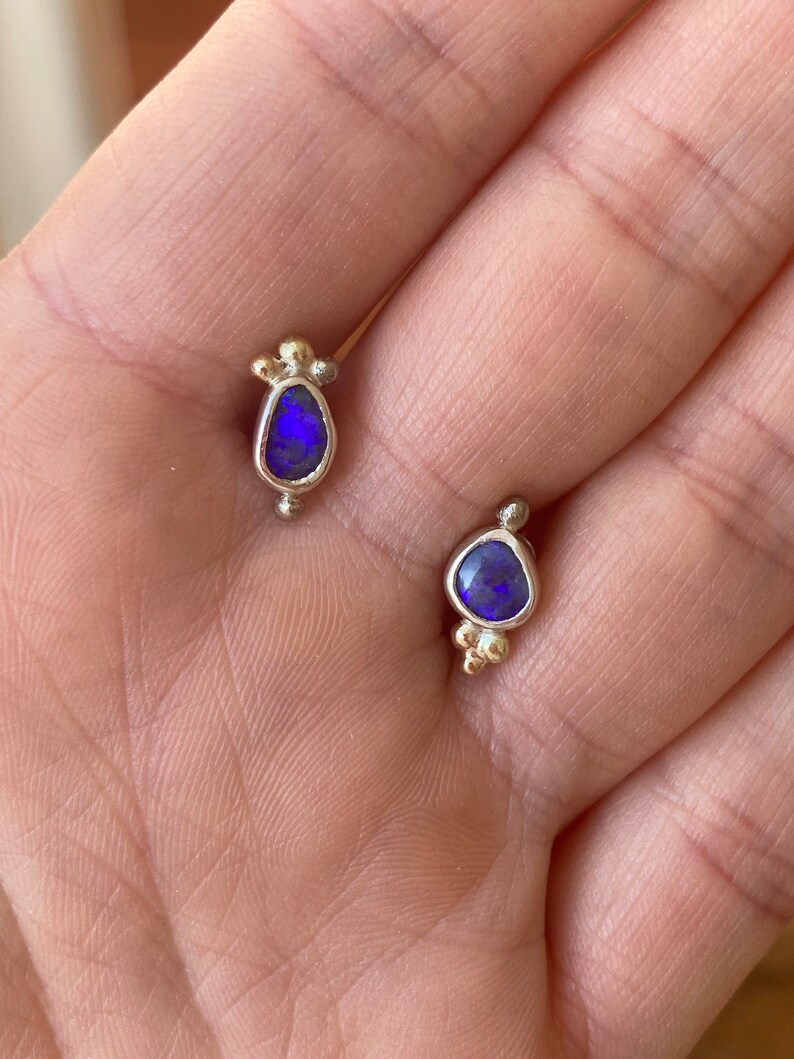 Violet boulder opal earring studs. Sterling silver, 14 k white gold and 14 k yellow gold details. image 10