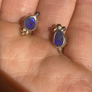 Violet boulder opal earring studs. Sterling silver, 14 k white gold and 14 k yellow gold details. image 2