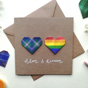 Tarjeta de aniversario LGBT, aniversario escocés, tarjeta de tartán, corazón de origami arco iris hecho a mano, tarjeta de boda escocesa 3d, tarjeta de novedad, LGBTQ