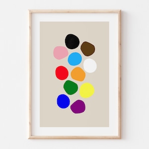 Puede incluir: Impresión de arte abstracto con un grupo de círculos coloridos en varios tonos de rosa, rojo, naranja, amarillo, verde, azul, morado, marrón, negro y blanco. Los círculos están dispuestos en un patrón en cascada sobre un fondo beige.