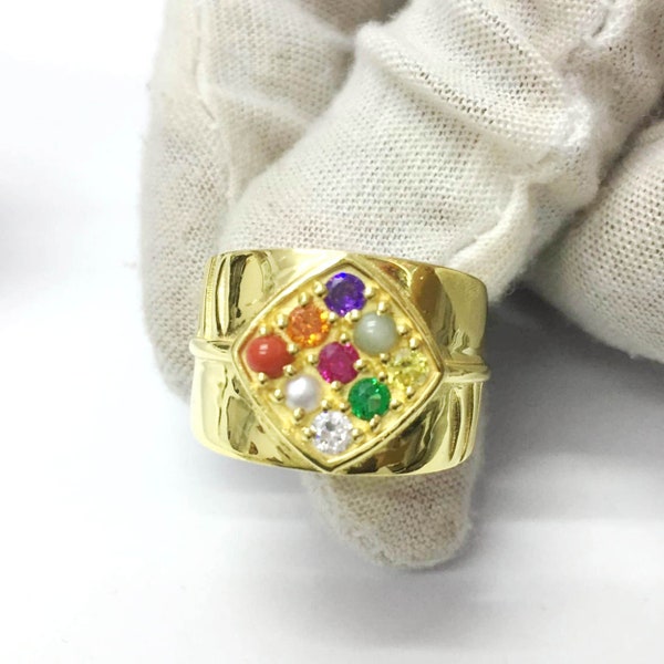 Natural 9 Stone Navaratna Ring, 925 Sterling Silver, Gold Plated, Handmade Ring For Men And Woman, Anniversary Gift.