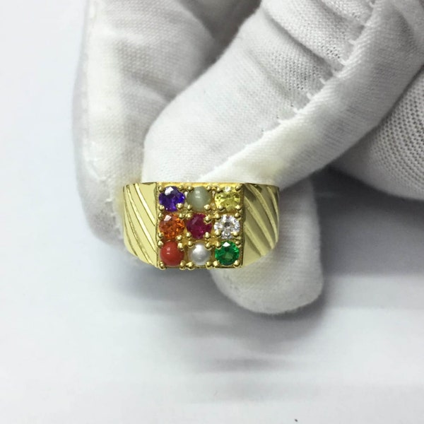Natural 9 Stone Navaratna Ring, 925 Sterling Silver, Gold Plated, Handmade Ring For Men And Woman, Anniversary Gift.