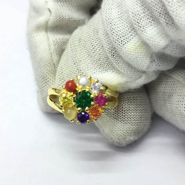 Natural Navaratna Ring, 925 Sterling Silver, Gold Plated, Handmade Ring For Men And Woman, Anniversary Gift.