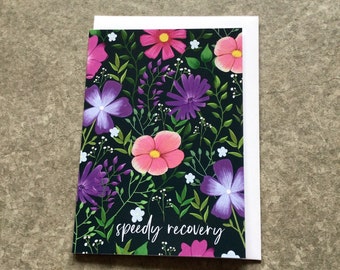 Speedy Recovery Black Floral Greetings Card