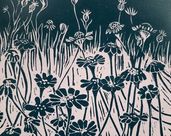 Meadow flowers - original lincut print, lino print, handcut, handmade, botanical, gift