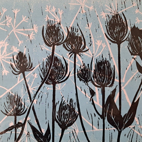 Teasles and Cornflowers - original linocut print, lino print, handcut, handmade, botanical, gift.