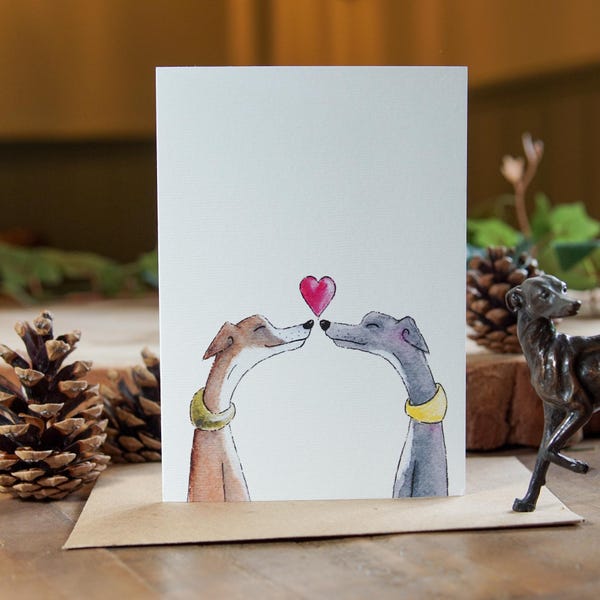 Whippet Love Card - Cute Watercolour Dog Anniversary Card for Partner - Sighthound Love - Long Dog Parent Greeting Card