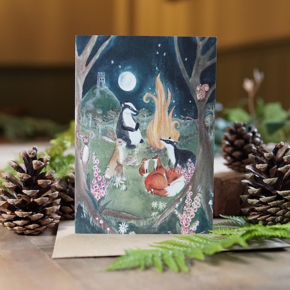 Glastonbury Tor Greeting Card – Wildlife Art Print –  Woodland Animal Country Card - British Nature Gift -  Folk Animals
