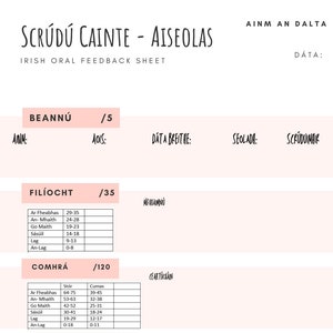 Könnte beinhalten: Ein rosa-weißes irisches mündliches Feedback-Blatt mit dem Titel "Scrúdu Caint - Aiseolas" und dem Text "Irish Oral Feedback Sheet". Das Blatt ist in Abschnitte für "Beannú", "Filíocht", "Comhrá", "An Tsraith Pictiúr" und "Ar an Iomlán" unterteilt. Jeder Abschnitt hat eine Punktzahl von einer Gesamtzahl von Punkten. Das Blatt enthält auch Felder für den Namen des Schülers, sein Alter, sein Geburtsdatum, seine Adresse und den Namen des Prüfers.