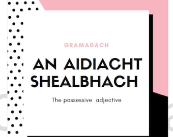 May include: A black and white graphic with a pink background. The text reads "GRAMADACH AN AIDIACHT SHEALBHACH" and "The possessive adjective".