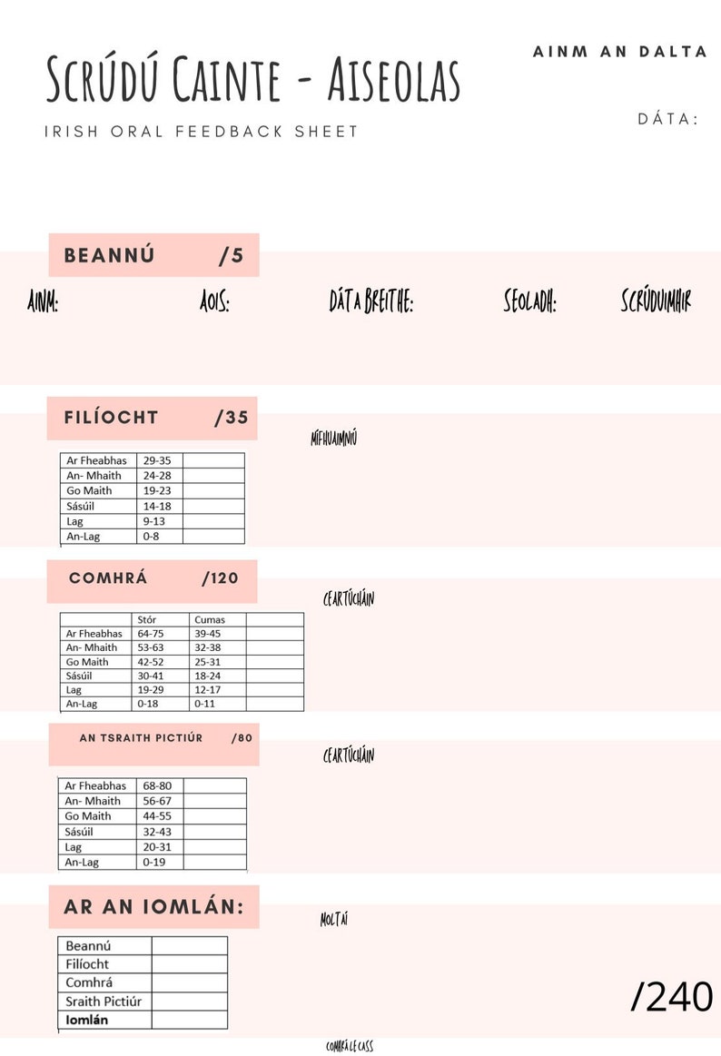 Leaving Cert Irish Oral Digital Feedback Sheets for Teacher zdjęcie 1