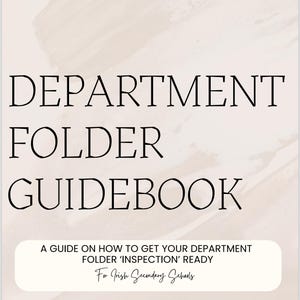 May include: A beige background with the words "DEPARTMENT FOLDER GUIDEBOOK" in black. Below, a guide on how to get your department folder 'inspection' ready, for Irish Secondary Schools.