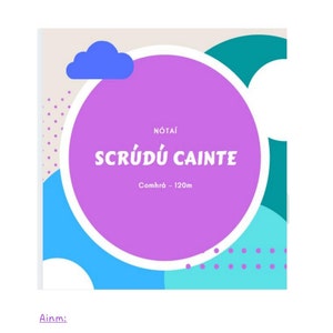 Könnte beinhalten: Ein rosa Kreis mit weißem Rand auf einem bunten Hintergrund. Der Kreis enthält den Text "Nótaí Scrúdú Cainte" und "Comhró - 120m" in weiß. Der Hintergrund ist eine Mischung aus Blau, Grün und Weiß mit Punkten.