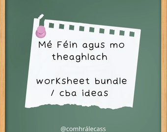May include: A white piece of paper with torn edges is pinned to a green chalkboard. The paper has the text "Mé Féin agus mo theaghlach worksheet bundle / cba ideas" and the text "@comhrálecass" at the bottom.