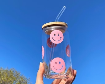 Pink/Blue Smiley Face Retro Beer Can Glass | Smiley Face Coffee Glass Cup 473ml | Smiley Face Glass Can 16oz