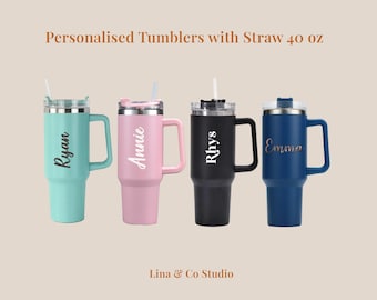 Personalised Insulated Stainless Steel Tumblers 40oz/Customised Tumblers with Handle & Straw/Personalised Travel Mug 1200ml