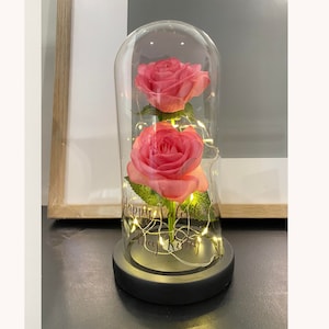 Double Eternal Roses in LED Glass Dome/Beauty & The Beast Forever Rose Dome/Personalised Mother’s Day Gifts/Personalised Valentines Gift