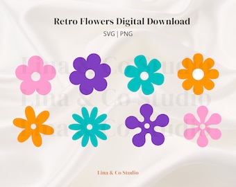 Retro Flower Design Bundle SVG PNG, Groovy Flowers Svg Png Digital Download, Cricut Cut Files, Daisy Flower Svg, Retro Flower Clipart Svg
