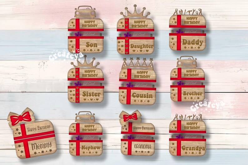 May include: Set of 10 wooden gift box ornaments with different designs and names, including "Son", "Daughter", "Daddy", "Sister", "Cousin", "Brother", "Mommy", "Nephew", "Grandma", and "Grandpa". Each ornament features a red ribbon, a gift box, and the word "Happy Birthday".