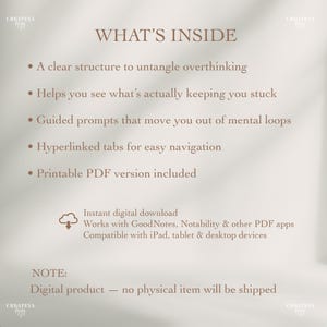 Op de afbeelding: Advertentie voor een digitaal product met de tekst "WHAT'S INSIDE" en opsommingstekens die functies beschrijven, zoals een duidelijke structuur en hyperlinks. Vermeldt ook een digitale download en apparaatcompatibiliteit.
