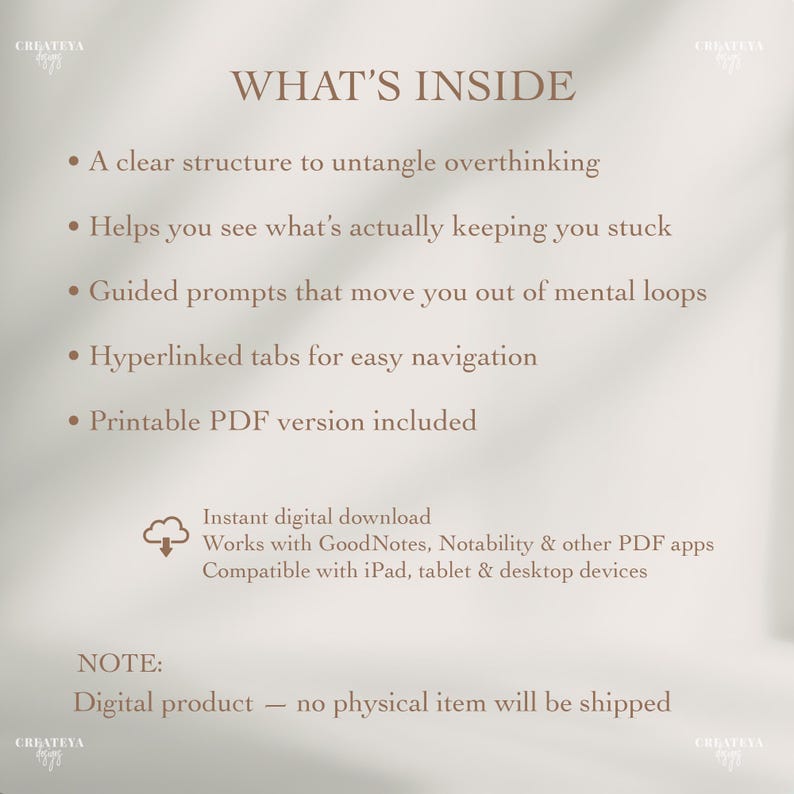 Op de afbeelding: Advertentie voor een digitaal product met de tekst "WHAT'S INSIDE" en opsommingstekens die functies beschrijven, zoals een duidelijke structuur en hyperlinks. Vermeldt ook een digitale download en apparaatcompatibiliteit.