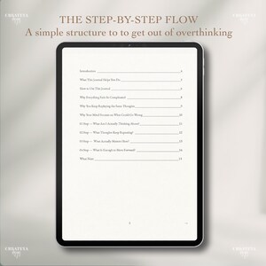 Op de afbeelding: Een digitale tablet toont een dagboek met de titel "THE STEP-BY-STEP FLOW" met de ondertitel "Een eenvoudige structuur om uit overdenken te komen". Het dagboek bevat een inleiding en stappen om overdenken te beheersen.