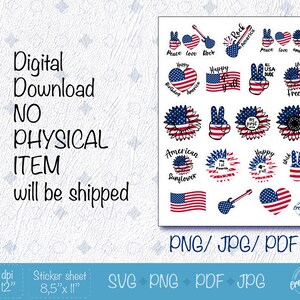 May include: A digital download sheet of 16 printable stickers featuring American flag designs. The stickers include peace signs, sunflowers, hearts, guitars, and text such as "Peace Love Rock", "Happy 4th", "Wild and Free", and "American Sunflower".