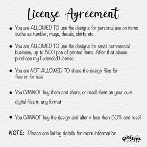 May include: A black and white text document outlining the terms of a license agreement for digital designs. The text states that the designs can be used for personal use and small commercial use up to 500 pieces. The text also states that the designs cannot be shared or resold.