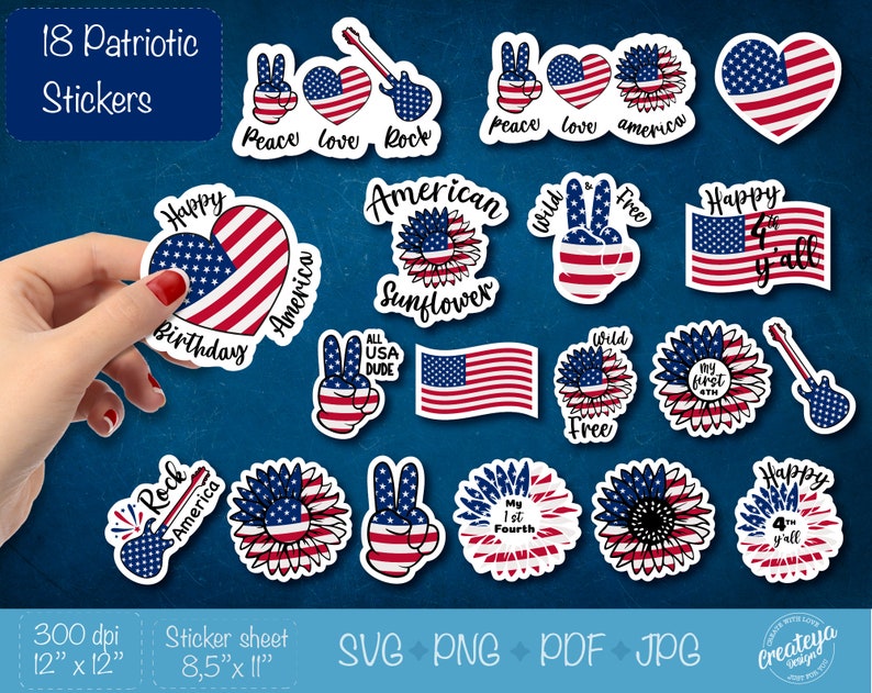 May include: 18 patriotic stickers featuring American flag designs, peace signs, sunflowers, and the text "Happy Birthday", "Rock America", "Peace Love Rock", "Peace Love America", "American Sunflower", "Wild Free", "Happy 4th Y'all", "My 1st Fourth", "Wild Free", "My First 4th", "Happy 4th Y'all", "All USA Dude", and "Happy Birthday".