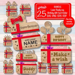 File tagliati al laser per porta carte regalo SVG per Glowforge, confezione regalo di compleanno e regali personalizzati in formato SVG