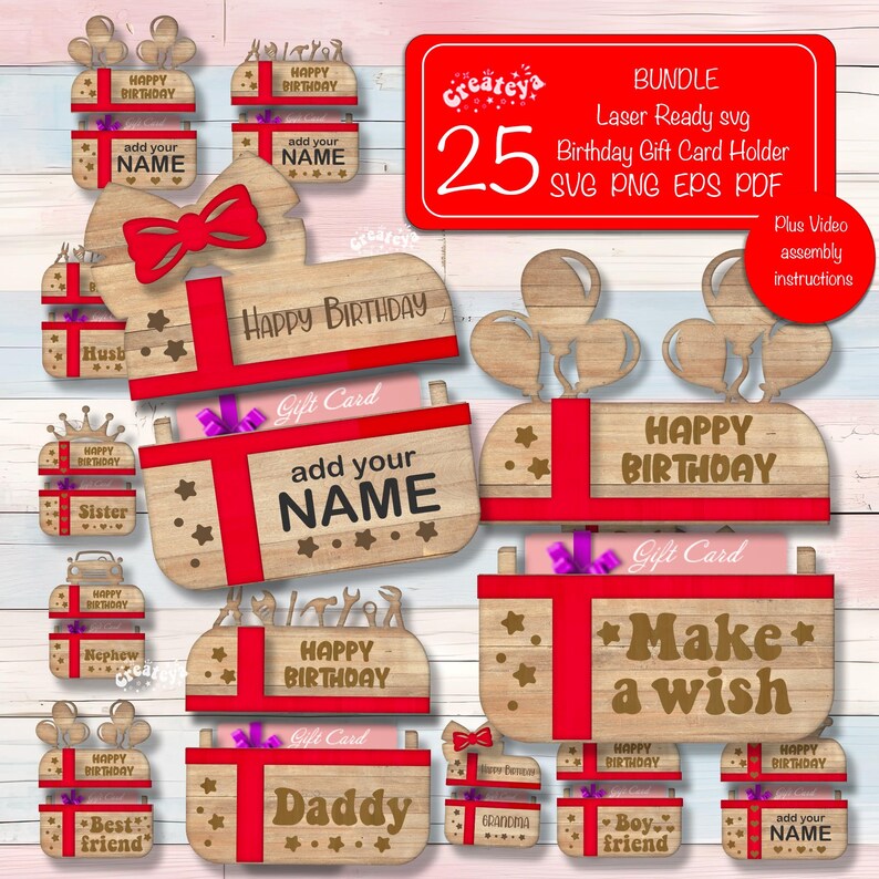 Laser Cut Files for Gift Card Holders SVG for Glowforge Birthday & Personalized Gifts Card box Bundle svg image 1