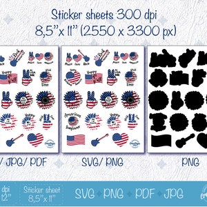 May include: A digital download of 24 printable stickers featuring patriotic designs in red, white, and blue. The designs include American flags, sunflowers, peace signs, and guitar graphics. The stickers are perfect for adding a touch of Americana to your crafts, gifts, and home decor.