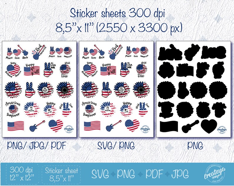 May include: A digital download of 24 printable stickers featuring patriotic designs in red, white, and blue. The designs include American flags, sunflowers, peace signs, and guitar graphics. The stickers are perfect for adding a touch of Americana to your crafts, gifts, and home decor.