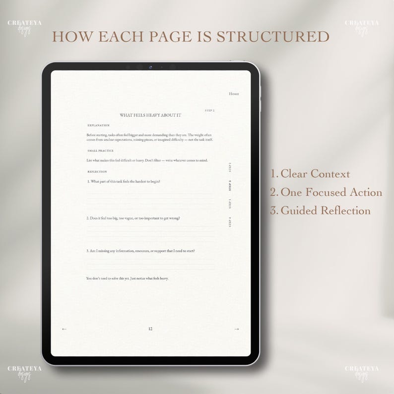 Op de afbeelding: Een digitale tablet toont een pagina met de titel "WAT ZWAAR AANVOELT" met tekst en aanwijzingen. De pagina maakt deel uit van een gestructureerde gids, met secties voor uitleg, kleine oefeningen en reflectie. De tablet staat op een neutrale achtergrond.