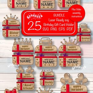 May include: A set of 25 laser-cut SVG files for creating birthday gift card holders. The designs feature various themes, including a car, balloons, a crown, and the words "Happy Birthday".