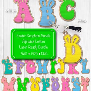 Pasen sleutelhanger SVG laserbestand SVG naamkaartjes alfabet letters bundel Glowforge SVG-bestand decor Bunny Ear Basket Tag