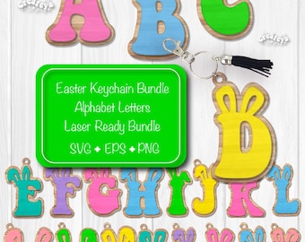 Easter Keychain SVG Laser file SVG Name Tags Alphabet Letters Bundle Glowforge SVG file Decor Bunny Ear Basket Tag