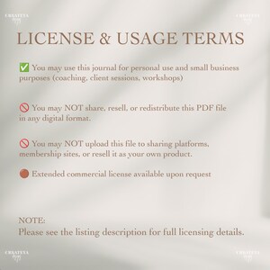 Op de afbeelding: Een beige document met de titel "LICENSE & USAGE TERMS" in een donkerbruin lettertype. De tekst beschrijft persoonlijk en commercieel gebruik, en beperkingen op het delen en doorverkopen van het PDF-bestand. Het document bevat een opmerking om de beschrijving te bekijken.