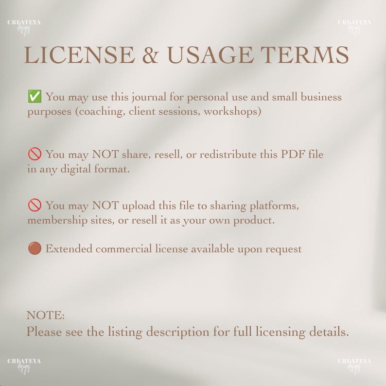 Op de afbeelding: Een beige document met de titel "LICENSE & USAGE TERMS" in een donkerbruin lettertype. De tekst beschrijft persoonlijk en commercieel gebruik, en beperkingen op het delen en doorverkopen van het PDF-bestand. Het document bevat een opmerking om de beschrijving te bekijken.