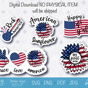May include: A set of six digital printable stickers featuring American patriotic themes. The stickers include a guitar with the words "Rock America", a sunflower with the words "American Sunflower", a peace sign, a heart, a sunflower with the words "My First 4th", and a flag with the words "Happy 4th y'all".