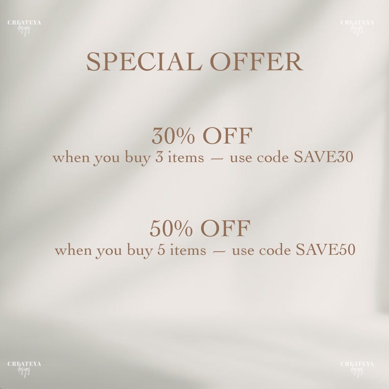 Op de afbeelding: Een beige promotiegrafiek met de tekst "SPECIAL OFFER" in bruine letters. Het toont aanbiedingen: "30% KORTING bij aankoop van 3 items" en "50% KORTING bij aankoop van 5 items". De achtergrond heeft zachte schaduwen.