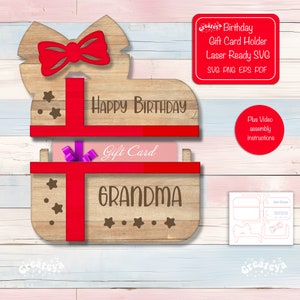 Titular de la tarjeta de regalo svg archivo cortado con láser Caja de tarjeta de regalo svg archivo Glowforage personalizado Feliz cumpleaños abuela