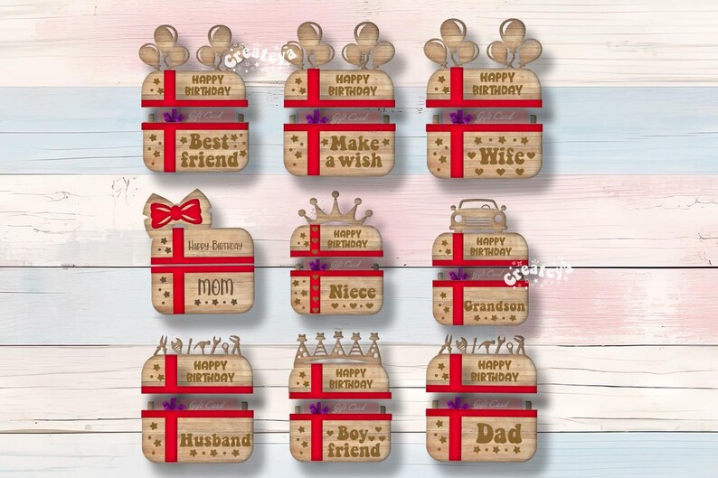 May include: Ten wooden gift box designs with red and gold accents. Each box has a different message, including "Happy Birthday", "Best Friend", "Make a Wish", "Wife", "Mom", "Niece", "Grandson", "Husband", "Boyfriend", and "Dad".