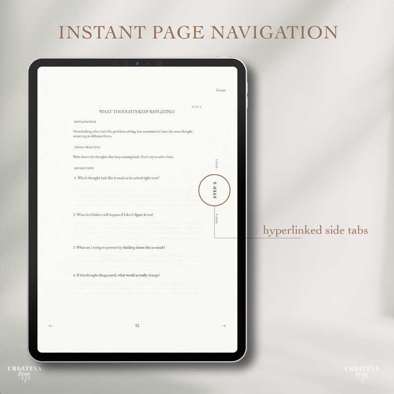 Op de afbeelding: Een digitale tablet toont een pagina met de titel "WELKE GEDACHTEN BLIJVEN HERHALEN?" en de tekst "DIRECTE PAGINANAVIGATIE". Het scherm toont een vragenlijst met genummerde vragen en een "STAP 2" grafiek. De woorden "hyperlinked side tabs" zijn ook zichtbaar.