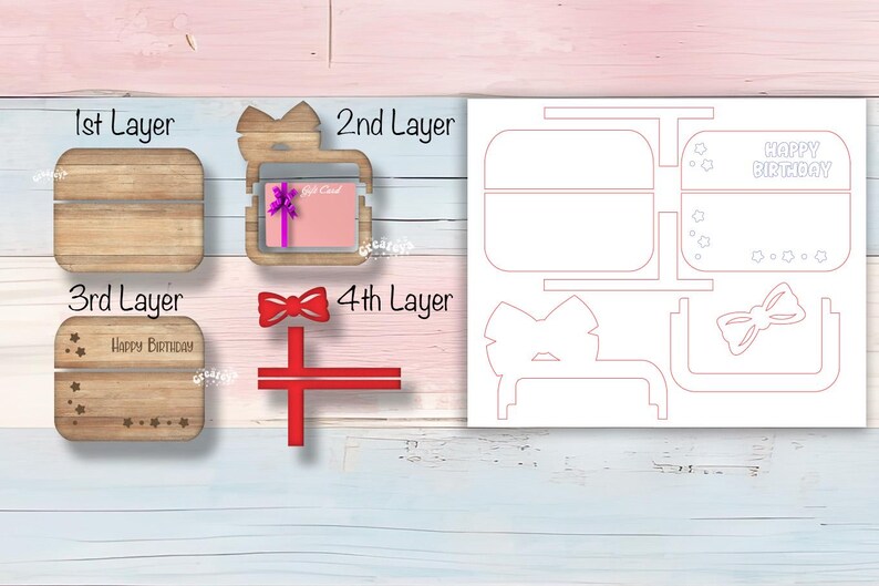 May include: A four-layer, laser-cut, wooden box with a gift card slot. The box is decorated with a bow, stars, and the words "Happy Birthday".
