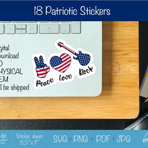 May include: A digital download of 18 patriotic stickers featuring peace signs, hearts, and guitars with American flag designs. The stickers are 12 inches by 12 inches and 300 dpi. The sticker sheet is 8.5 inches by 11 inches. The file formats are SVG, PNG, PDF, and JPG.