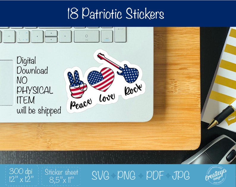 May include: A digital download of 18 patriotic stickers featuring peace signs, hearts, and guitars with American flag designs. The stickers are 12 inches by 12 inches and 300 dpi. The sticker sheet is 8.5 inches by 11 inches. The file formats are SVG, PNG, PDF, and JPG.