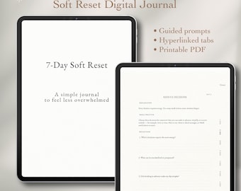 7 Day Soft Reset Journal & Overwhelm Workbook | Guided Self Reflection PDF | GoodNotes iPad Planner for Anxiety and ADHD
